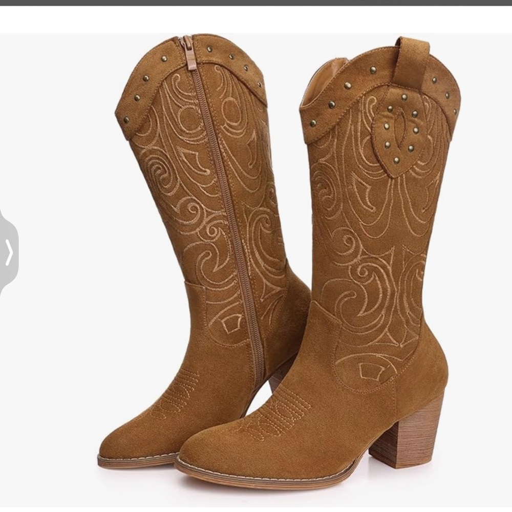 Women’s Mid Calf Cowgirl Boots Faux Suede Stitching Western Style Brown Size 6.5